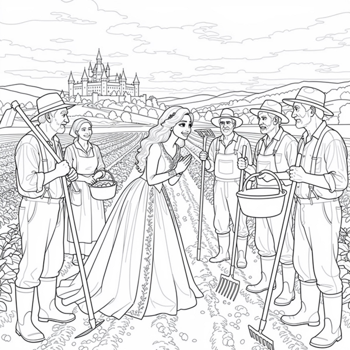 Princess Tale Story + Colouring - Adults Coloring Book, Greyscale, Digital Coloring Sheets, Instant Download, Printable PDF File