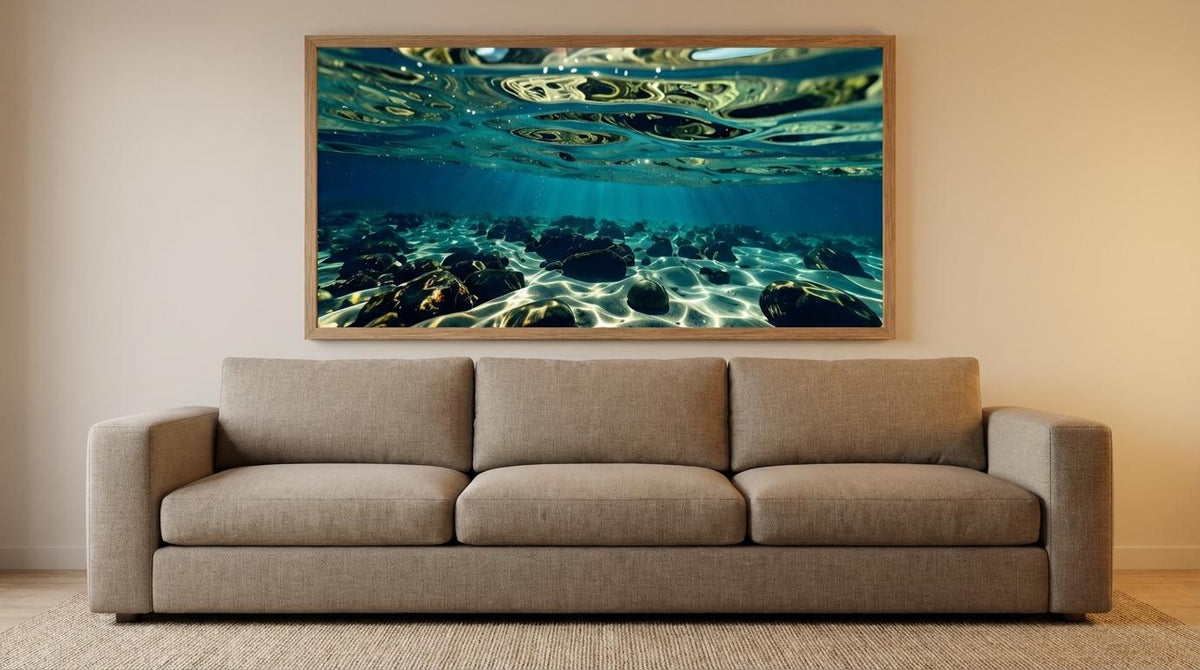 122cm * 61cm - Clear Crystal ocean water with reflection - Rocks under water