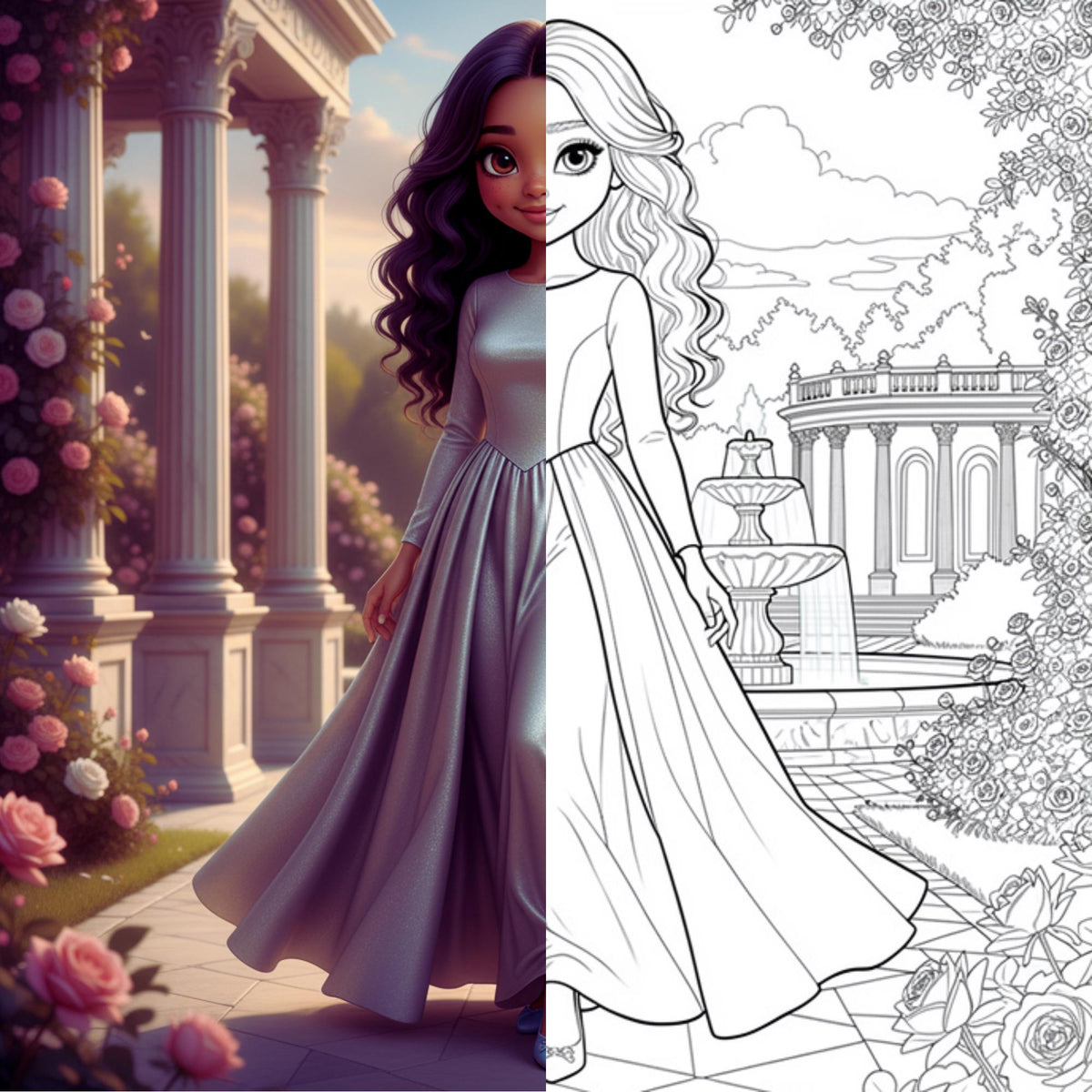 Princess Tale Story + Colouring - Adults Coloring Book, Greyscale, Digital Coloring Sheets, Instant Download, Printable PDF File