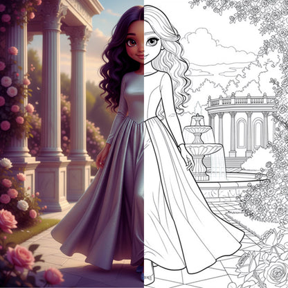 Princess Tale Story + Colouring - Adults Coloring Book, Greyscale, Digital Coloring Sheets, Instant Download, Printable PDF File