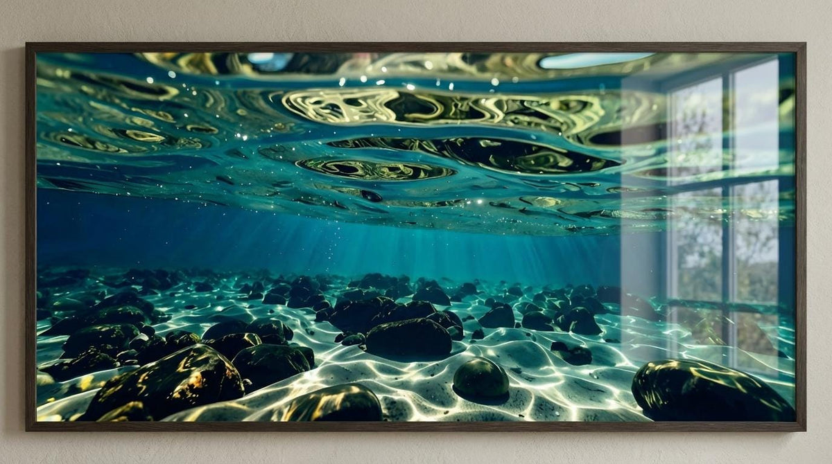 122cm * 61cm - Clear Crystal ocean water with reflection - Rocks under water