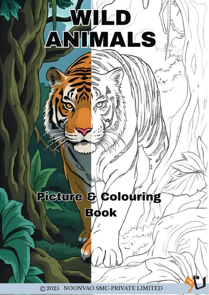 100 Page - Wild Animals Picture + Colouring Book for Kids Fun Activity