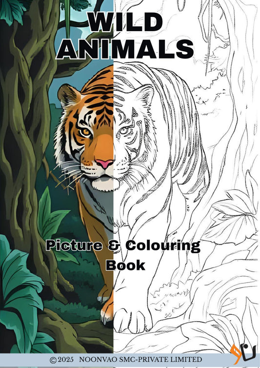 100 Page - Wild Animals Picture + Colouring Book for Kids Fun Activity